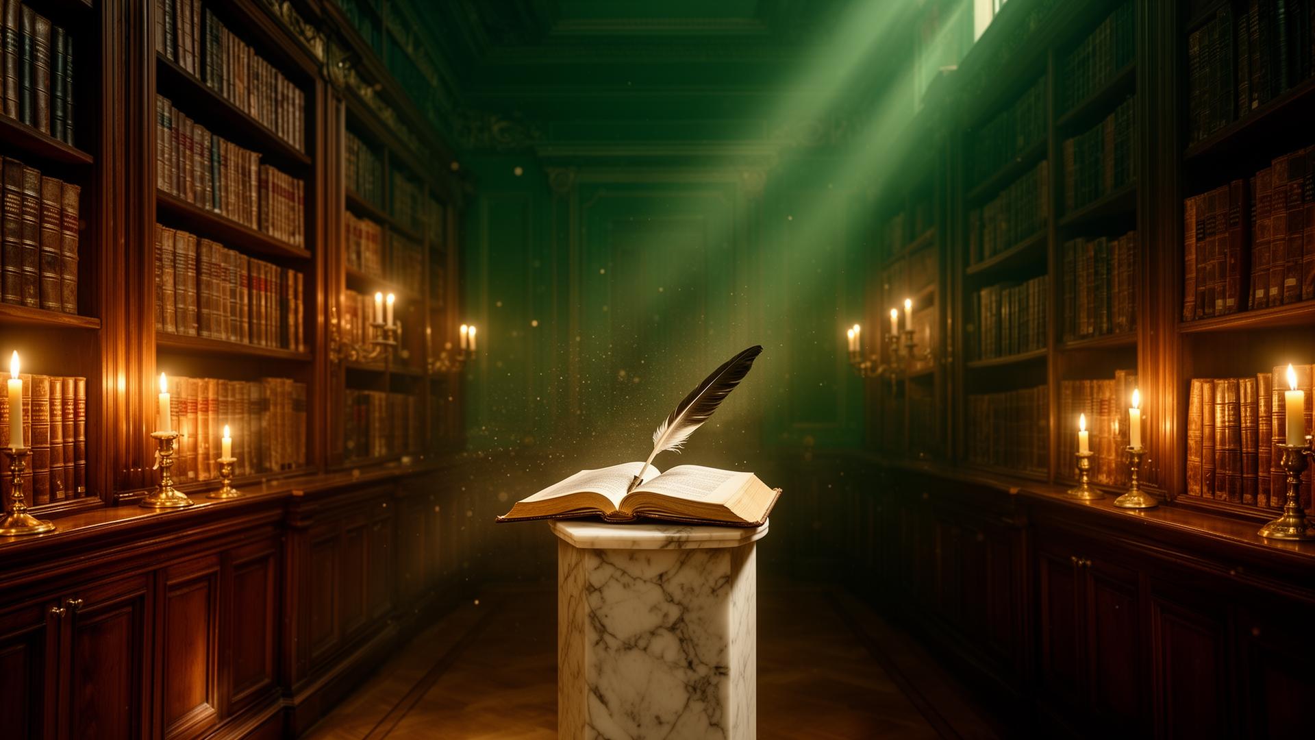 Antique library with leather-bound books and candlelight
